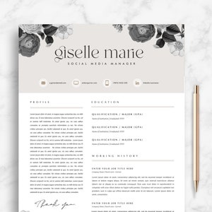 May include: A black and white resume template with floral accents. The resume is for a social media manager named Giselle Marie. The resume includes sections for profile, education, and work history.