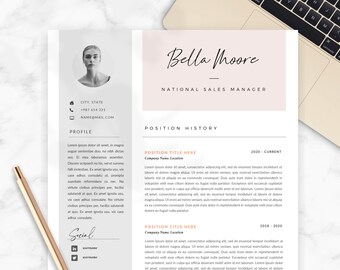 Modèle de CV rose avec photo pour Microsoft Word | « Bella » | Curriculum vitae professionnel | Lettre d’accompagnement, page de référence + jeu d’icônes