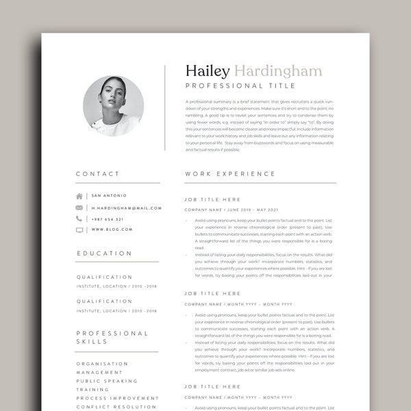 Een pagina CV Sjabloon Direct downloaden, Cv Template Professional CV Template, Minimalistische Simple Resume Template Word + 2 Pagina