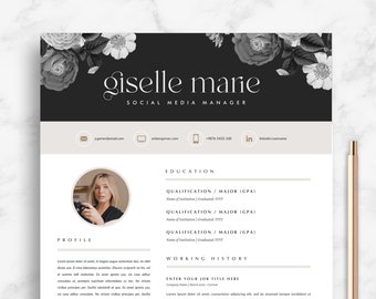 Modèle de CV pour Canva | Modèle de CV 2 pages + lettre de motivation | Téléchargement instantané | "Gisele" | Modèle de bricolage | Modèle de CV créatif floral