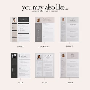 K&ouml;nnte beinhalten: Sechs verschiedene Lebenslaufvorlagen mit minimalistischem Design. Jede Vorlage zeigt ein Portr&auml;t einer Person und einen Namen in einer handschriftlichen Schriftart. Die Vorlagen sind mit den Namen Mandy, Sunburn, Biscuit, Billie, Paris und Olivia beschriftet.