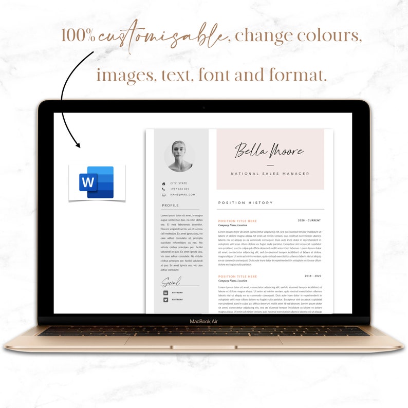 Roze cv-sjabloon met foto voor Microsoft Word-| | "Bella" Professioneel curriculum vitae | Begeleidende brief, referentiepagina + pictogrammenset afbeelding 5