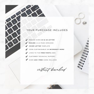 K&ouml;nnte beinhalten: Ein Laptop mit einer wei&szlig;en Tastatur und wei&szlig;em Hintergrund. Auf dem Bildschirm wird der Text "YOUR PURCHASE INCLUDES" angezeigt. Der Text darunter enth&auml;lt eine Liste von Funktionen: Lebenslaufformate A4 & US Letter, Lebenslauf 1 & 2 Seitenversionen, Anschreibenvorlage, 100 % anpassbar in Microsoft Word, Links zu den verwendeten kostenlosen Schriftarten, Kundensupport, &Uuml;ber 100+ kostenlose Icons enthalten. Der Text "instant download" ist in Kursivschrift unter der Liste geschrieben.