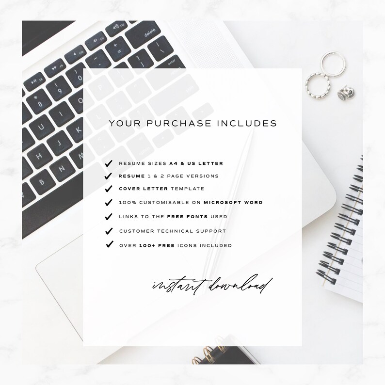 K&ouml;nnte beinhalten: Ein Laptop mit einer wei&szlig;en Tastatur und wei&szlig;em Hintergrund. Auf dem Bildschirm wird der Text "YOUR PURCHASE INCLUDES" angezeigt. Der Text darunter enth&auml;lt eine Liste von Funktionen: Lebenslaufformate A4 & US Letter, Lebenslauf 1 & 2 Seitenversionen, Anschreibenvorlage, 100 % anpassbar in Microsoft Word, Links zu den verwendeten kostenlosen Schriftarten, Kundensupport, &Uuml;ber 100+ kostenlose Icons enthalten. Der Text "instant download" ist in Kursivschrift unter der Liste geschrieben.