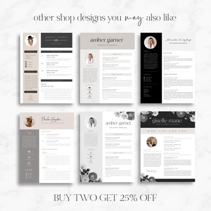 May include: Six different resume templates with floral and geometric designs. The templates are in black, white, and gray with a variety of fonts and layouts. The text on the templates includes the names "Mandy Thomas", "Amber Garner", "Miranda Kingday", "Pharba Hayden", "Giselle Marie", and "Amber Garnet". The text "BUY TWO GET 25% OFF" is at the bottom of the image.