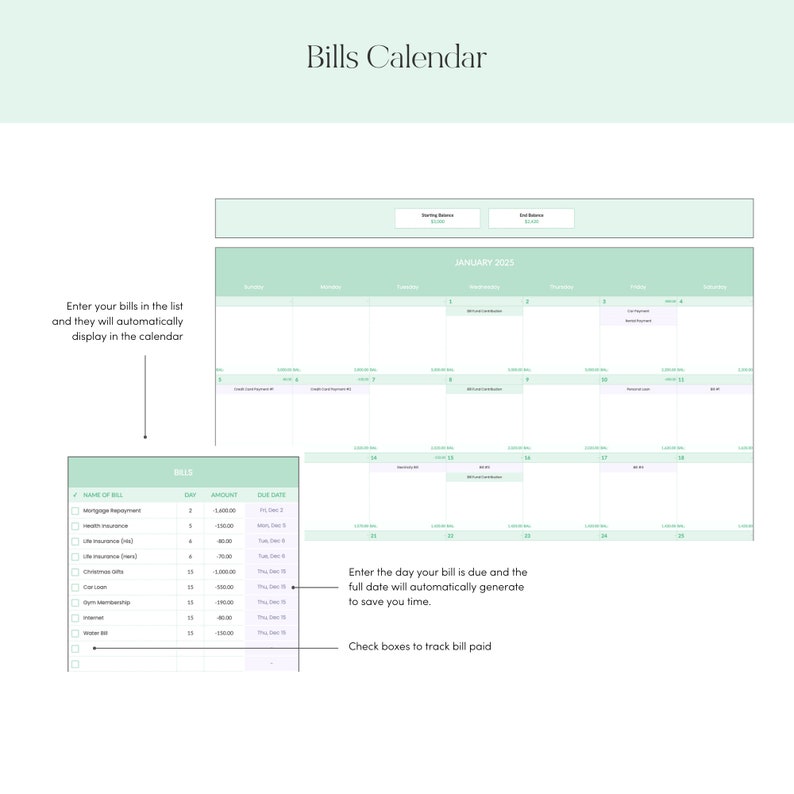 Bill Tracker Google Sheets Bills Calendar Annual Budget Etsy
