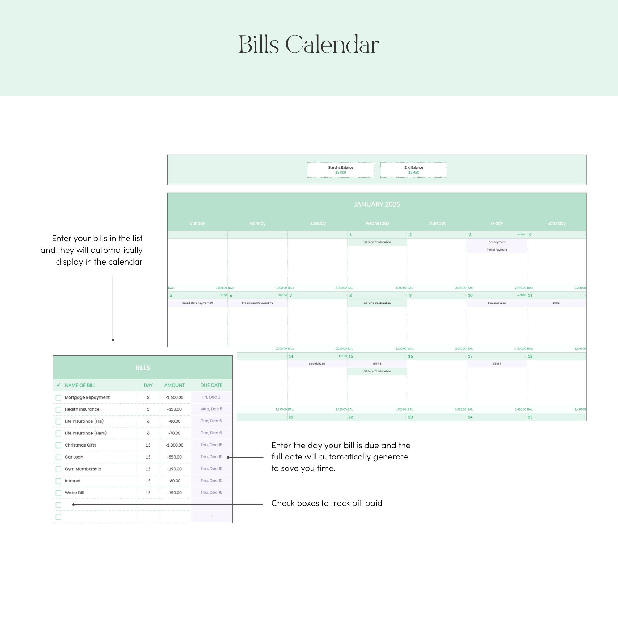 Bill Tracker Google Sheets, Bills Calendar Annual Budget Spreadsheet ...
