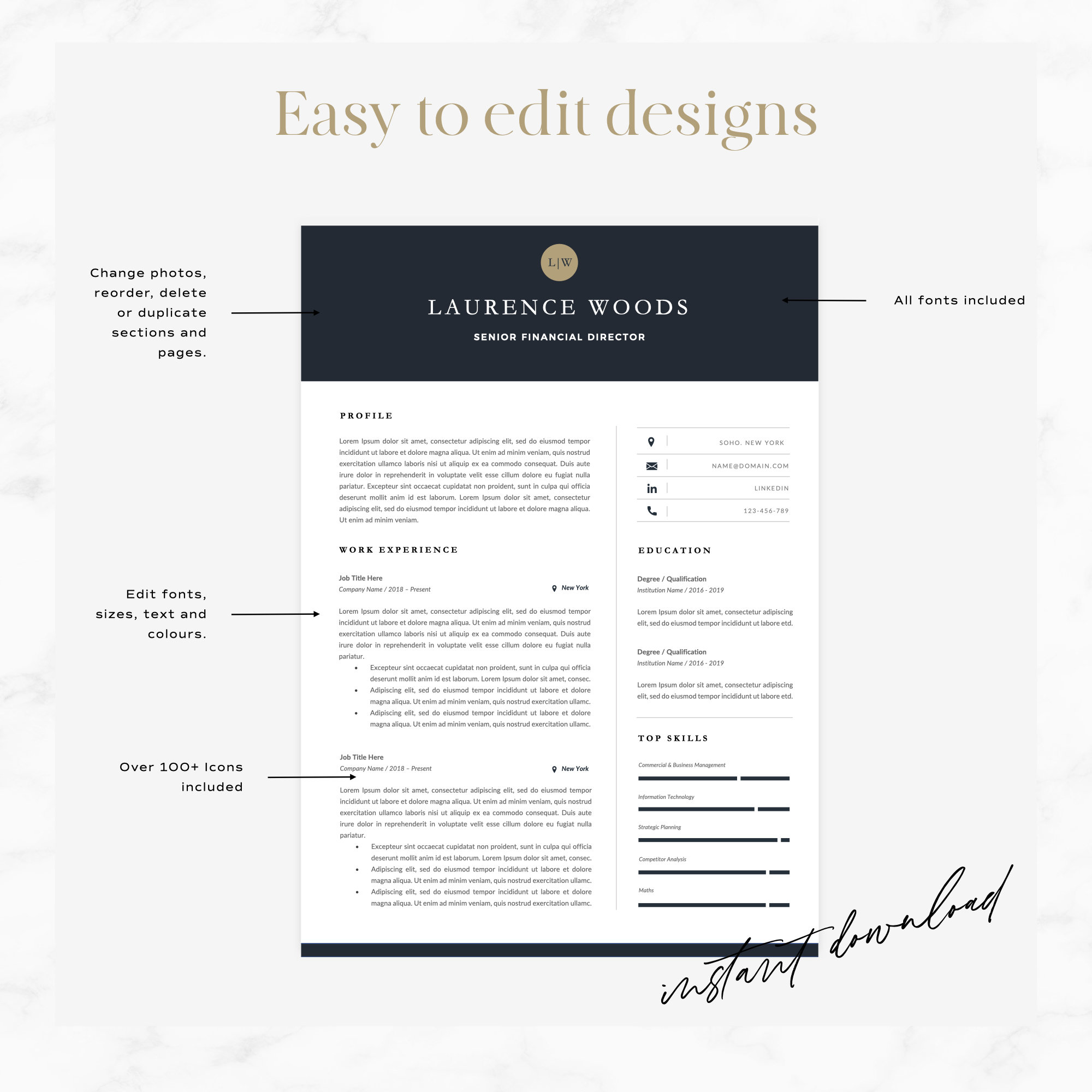 Resume Template 2 Page | Navy Blue CV Template + Cover Letter for Word ...