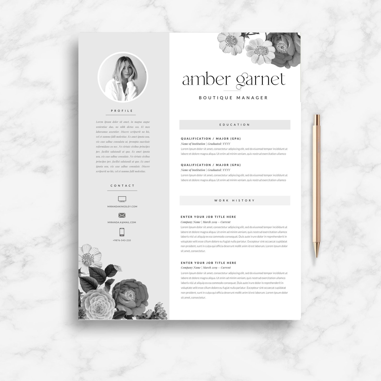 Pretty Resume Template for Pages, Canva and Word 'florist' Application ...