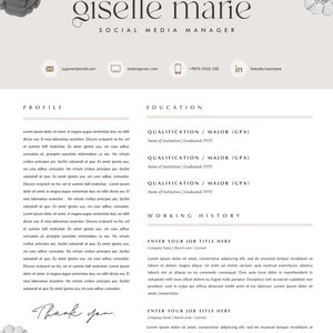 May include: A black and white resume template with a floral design at the top. The resume includes sections for profile, education, qualifications, and work history. The text "giselle marie" is at the top of the page, with the title "social media manager" below it. The resume also includes contact information, such as an email address, website, and phone number.