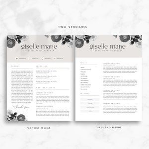 May include: A black and white resume template with floral accents. The resume is for a social media manager named Giselle Marie. The resume includes sections for profile, education, working history, skills, and interests.
