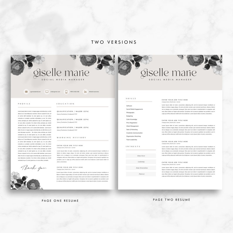 May include: A black and white resume template with floral accents. The resume is for a social media manager named Giselle Marie. The resume includes sections for profile, education, working history, skills, and interests.