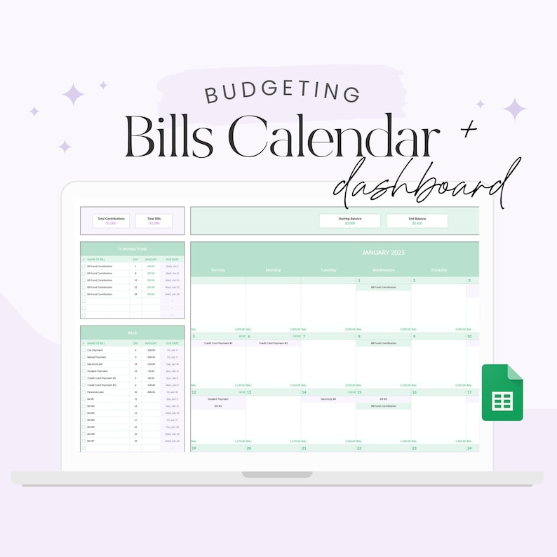 Bill Tracker Google Sheets Bills Calendar Annual Budget Etsy
