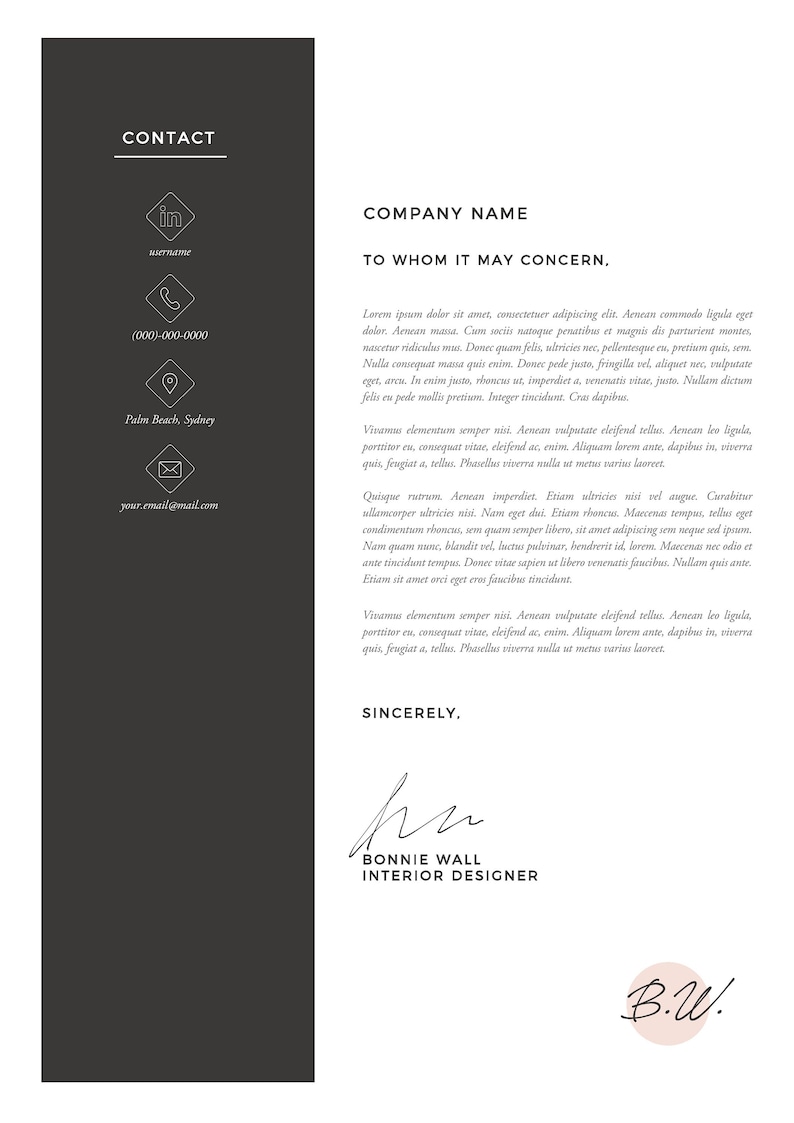 K&ouml;nnte beinhalten: Eine schwarz-wei&szlig;e Visitenkarte mit dem Text "CONTACT" oben. Die Karte enth&auml;lt eine Telefonnummer, eine E-Mail-Adresse und Social-Media-Symbole. Die Karte enth&auml;lt auch den Text "COMPANY NAME" und "TO WHOM IT MAY CONCERN." Die Karte ist signiert mit "BONNIE WALL INTERIOR DESIGNER" und enth&auml;lt die Initialen "B.W."