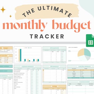 May include: A digital spreadsheet template for tracking monthly budget. The spreadsheet includes sections for income, expenses, debt payments, savings, and cash flow. The template is designed to help users manage their finances and track their progress towards their financial goals.