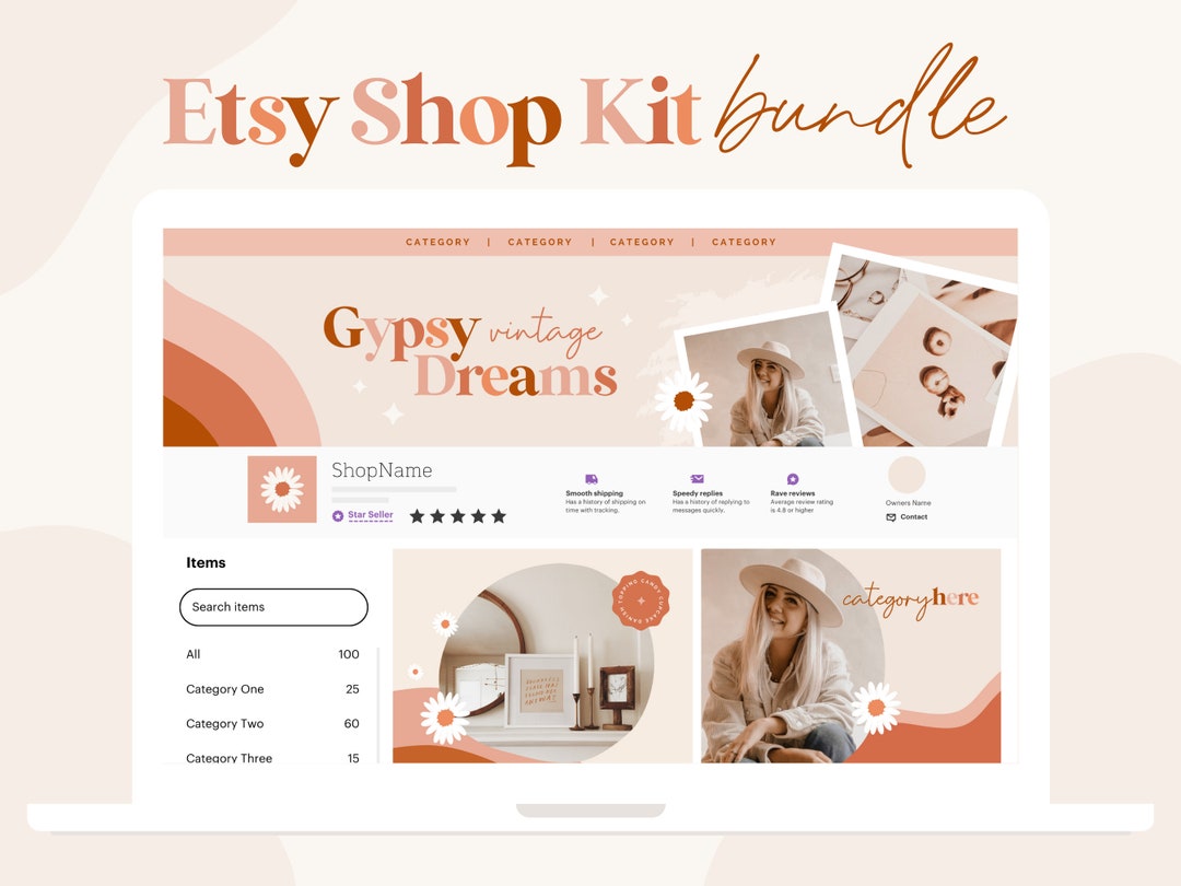 Boho Etsy Shop Kit Canva Retro Branding and Logo Kit Shop Etsy