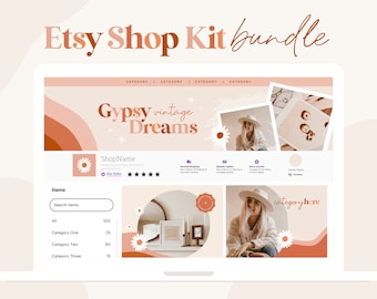 Boho Etsy Shop Kit Canva, Retro Branding and Logo Kit, Shop Banner, Listing Photos, Order Receipt Template Mockup Bundle for Fashion