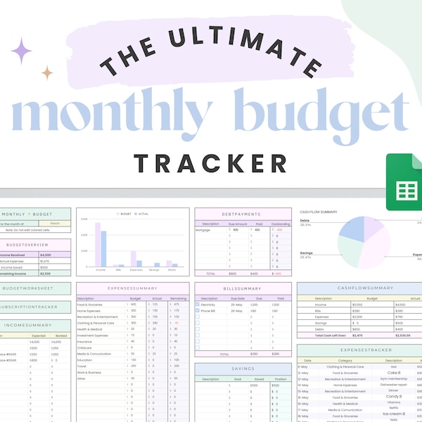 Hoja de cálculo de presupuesto mensual para Google Sheets Planificador de presupuesto digital Seguimiento de suscripciones, facturas, ahorros, reembolsos de deudas, ingresos por cheque de pago