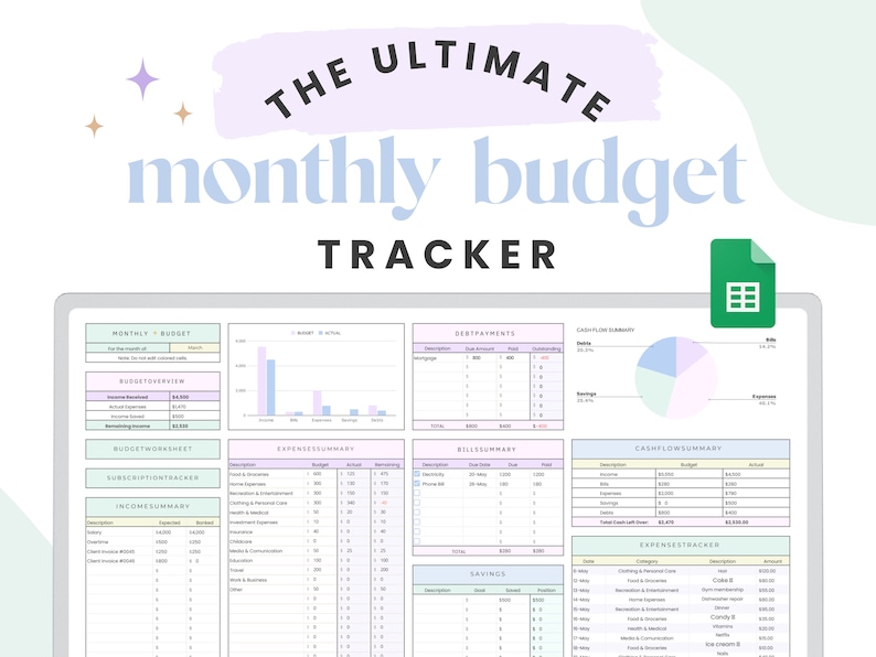 Monthly Budget Spreadsheet for Google Sheets Digital Budget Planner Track Subscriptions, Bills, Savings, Debt Repayments, Income by Paycheck 