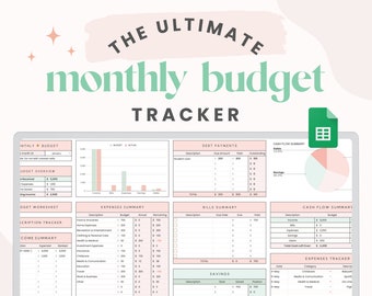 Foglio di calcolo del budget mensile di Mint per Fogli Google Pianificatore di budget digitale Abbonamenti, bollette, risparmi, rimborsi del debito, reddito per busta paga