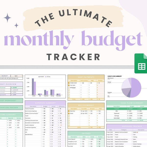 Monthly Budget Spreadsheet for Google Sheets Digital Budget Planner Track Subscriptions, Bills, Savings, Debt Repayments, Income by Paycheck