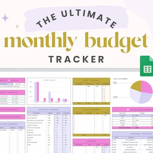 May include: A digital spreadsheet template for tracking monthly budget. The spreadsheet includes sections for income, expenses, debt payments, bills, savings, and cash flow. The spreadsheet is designed to help users track their finances and make informed financial decisions.