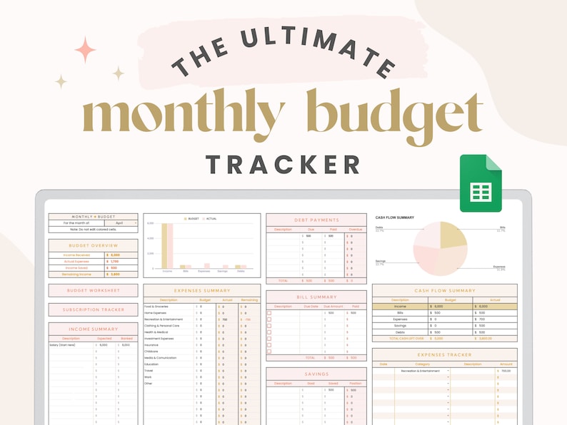 Monthly Budget Spreadsheet for Google Sheets Digital Budget Planner Track Subscriptions, Bills, Savings, Debt Repayments, Income by Paycheck 