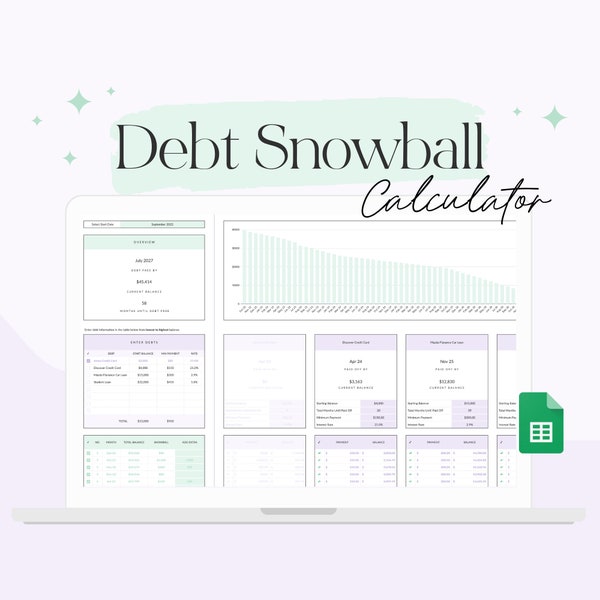 Calculadora de bola de nieve de deuda para hojas de cálculo de Google, rastreador de deuda, viaje libre de deuda, hoja de cálculo del planificador financiero, rastreador de pagos de deuda personal
