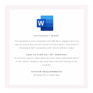 K&ouml;nnte beinhalten: Ein blaues Microsoft Word-Symbol mit dem Buchstaben W in Wei&szlig;. Der Text darunter lautet "Microsoft Word". Der Text unter dem Symbol erkl&auml;rt, dass diese Vorlage nur mit Microsoft Word kompatibel ist und nicht mit Version 2010 oder &auml;lter. Der Text erkl&auml;rt auch, wie man die Version von Microsoft Word findet. Der Text darunter lautet "Systemanforderungen" und listet "Windows-PC oder Apple Mac" auf.