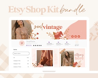 Vintage Floral Etsy Shop Kit Canva, Pretty Logo Branding Kit, Shop Banner, Listing Photos, Order Receipt Template Mockup Bundle for Fashion