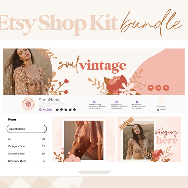 Vintage Floral Etsy Shop Kit Canva, Pretty Logo Branding Kit, Shop Banner, Listing Photos, Order Receipt Template Mockup Bundle for Fashion