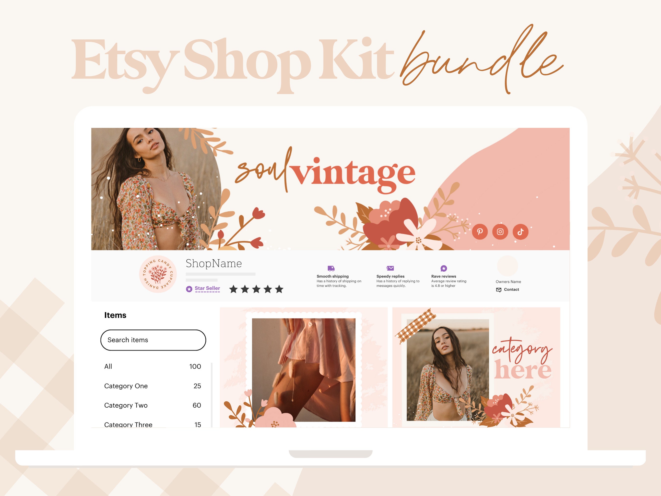 Vintage Floral Etsy Shop Kit Canva, Pretty Logo Branding Kit, Shop Banner, Listing Photos, Order Receipt Template Mockup Bundle for Fashion