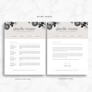 May include: Two pages of a resume template with a floral design at the top. The left page is a references page with the heading "References" and a list of references with their names, titles, and contact information. The right page is a cover letter page with the heading "Cover Letter" and a space for a signature. The text at the bottom of each page reads "AMBERGREENER.COM | AMBER.GMAIL.COM | +1876 543 210".