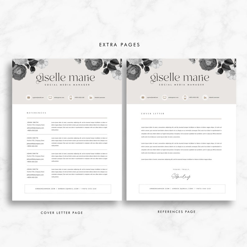 May include: Two pages of a resume template with a floral design at the top. The left page is a references page with the heading "References" and a list of references with their names, titles, and contact information. The right page is a cover letter page with the heading "Cover Letter" and a space for a signature. The text at the bottom of each page reads "AMBERGREENER.COM | AMBER.GMAIL.COM | +1876 543 210".