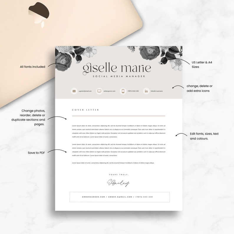 May include: A black and white cover letter template with a floral design and the text "Giselle Marie, Social Media Manager". The template includes a cover letter section, contact information, and a signature line. The text "US Letter & A4 Sizes" is also included.