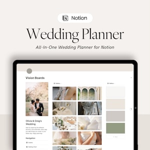 May include: A screenshot of a computer screen showing a wedding planner template for the app Notion. The template includes a section for vision boards with a gallery of images, a section for navigation, and a section for guests. The text "Olivia & Greg's Wedding" is displayed at the top of the screen.