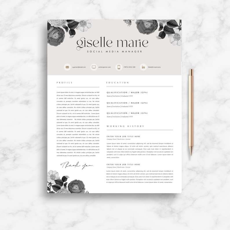 May include: A black and white resume template with floral accents. The resume is for a social media manager named Giselle Marie. The resume includes sections for profile, education, and work history.