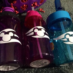 May include: Three reusable water bottles with straw lids and Mickey Mouse designs. The bottles are purple, pink, and blue.