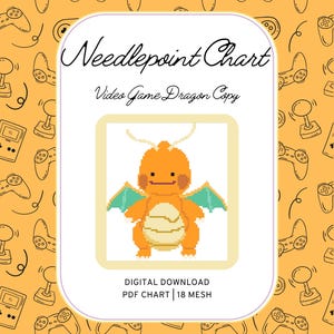 Può includere: Un diagramma digitale per punto croce con un design a pixel di un drago arancione. Il diagramma è intitolato "Needlepoint Chart" e "Video Game Dragon Copy". Lo sfondo è giallo con illustrazioni di controller di gioco.