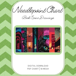 Pode incluir: Um gráfico digital de ponto de cruz intitulado "Needlepoint Chart Book Spine Drawings". O design apresenta uma série de imagens pixelizadas coloridas. O fundo é um padrão de chevron verde. O texto "Digital Download PDF Chart | 18 Mesh" também está incluído.