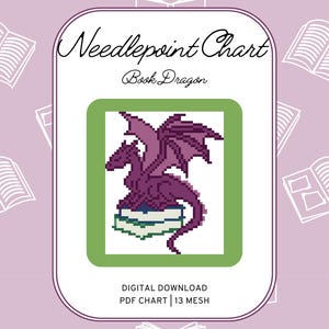 May include: A digital needlepoint chart labelled "Book Dragon." The design shows a pixelated purple dragon on a stack of books, set against a green background. The background is a light purple with white book illustrations.