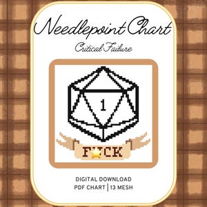 Op de afbeelding: Kruissteekdiagram met een witte achtergrond en een bruin ruitpatroon. De kaart toont een zwart-witte geometrische vorm met het nummer 1 erin. Het woord "F*CK" wordt op een banner hieronder weergegeven. De tekst bevat "Critical Failure".