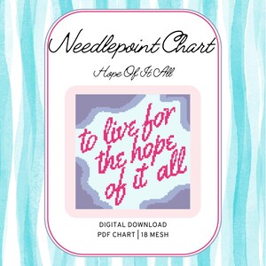 Könnte beinhalten: Kreuzstich-Diagramm mit dem Text "to live for the hope of it all". Das Design ist in Rosa und Blau gehalten, mit den Worten in handschriftlichem Stil. Das Diagramm ist ein digitaler Download, PDF-Format, 18 Mesh.