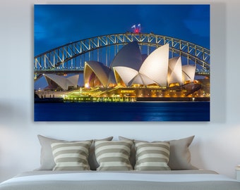 Leinwanddruck - Sydney Australien Wanddeko - Nachtfoto des Opernhauses von Sydney auf Leinwand - Australisches Extra Großes Wandbild auf Leinwand