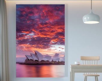 Canvas Sydney Australia Opera House Photo - Sunset at Sydney Harbor Print on Canvas - Canvas Wall Decor of Sydney Aussie Sunset - Pink, Red