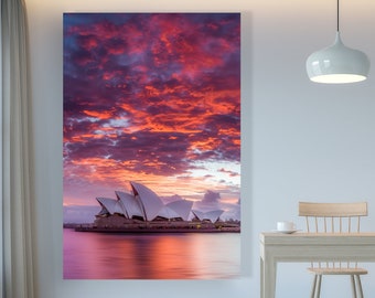 Sydney Australia Opera House Photo - Hermosa puesta de sol en Sydney Harbor Print - Decoración de pared de Sydney Aussie Sunset Photograph - Rosa, Rojo
