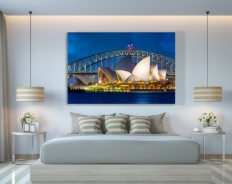 Sydney Australia Wall Decor - Beautiful Night Photo of the Sydney Opera House and Sydney Harbor Bridge - Australian Extra Large Wall Art