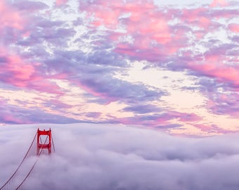 San Francisco Print Art - Romantic Golden Gate Bridge Photo - Beautiful San Francisco Sunset Picture - Vibrant Colors of Bridge and Fog