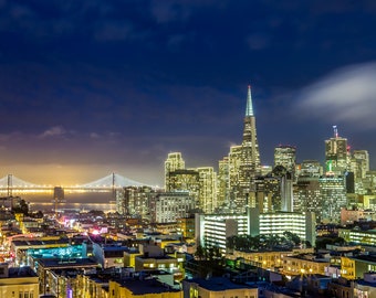 Canvas Print - Free Shipping in the U.S. - San Francisco Downtown Photo - San Francisco City Skyline at Night Print with the Bay Bridge