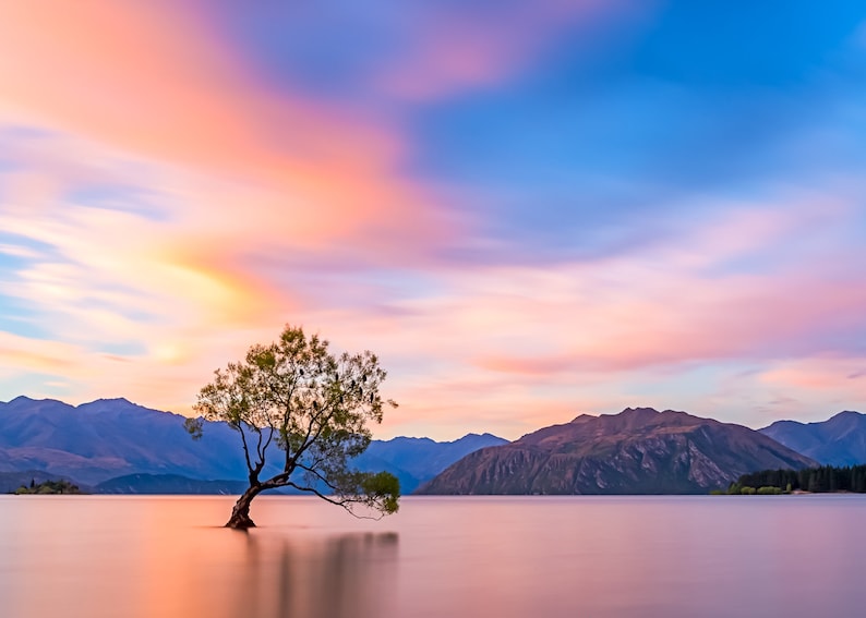 Nieuw-Zeeland Canvas Print Mountain Print, Lake Wall Art, Zonsondergang Grote Wall Art Nieuw-Zeeland Landschap Print, Nieuw-Zeeland Boom Natuur Foto afbeelding 4